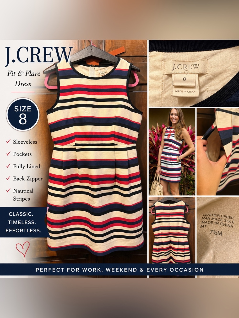 J. Crew Sleeveless Striped Mini Dress in Navy, White & Coral Sz 8